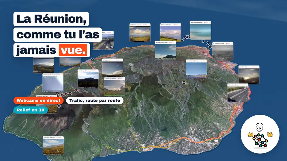 La Réunion entière vue du ciel, ses webcams en direct posées sur l’île, et le titre « La Réunion, comme tu l’as jamais vue. »