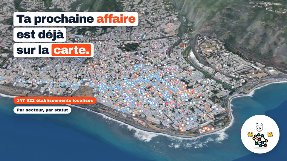 Saint-Denis vue du ciel, chaque établissement en point de couleur, et le titre « Ta prochaine affaire est déjà sur la carte. »